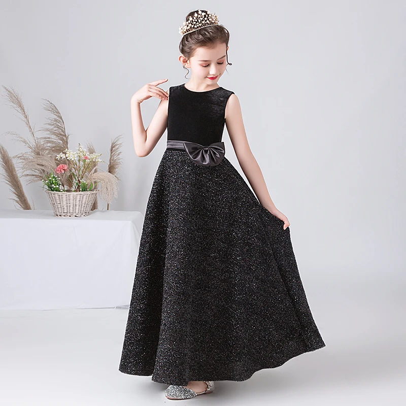 Dideyttawl Schwarz Mädchen Formale Kleid Lange Samt Bling Rock Junior Prinzessin Kleid Für Hochzeit Abend Party Teen Kinder