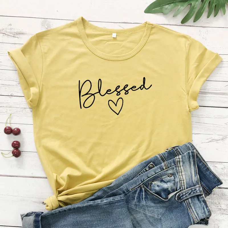 

Blessed Christian T-Shirt Blessed Heart Cotton thanksgiving Slogan Tee Graphic Religioys Faith Tops God Grace Festival tshirts