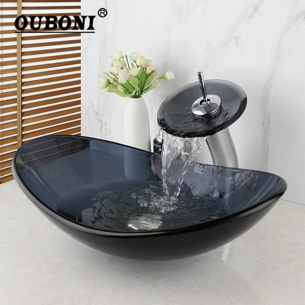 

OUBONI Black Tempered Glass Ingots Washbasin Lavatory Sink Waterfall Glass Basin Combine Brass Counter Top Faucet Mixer Tap