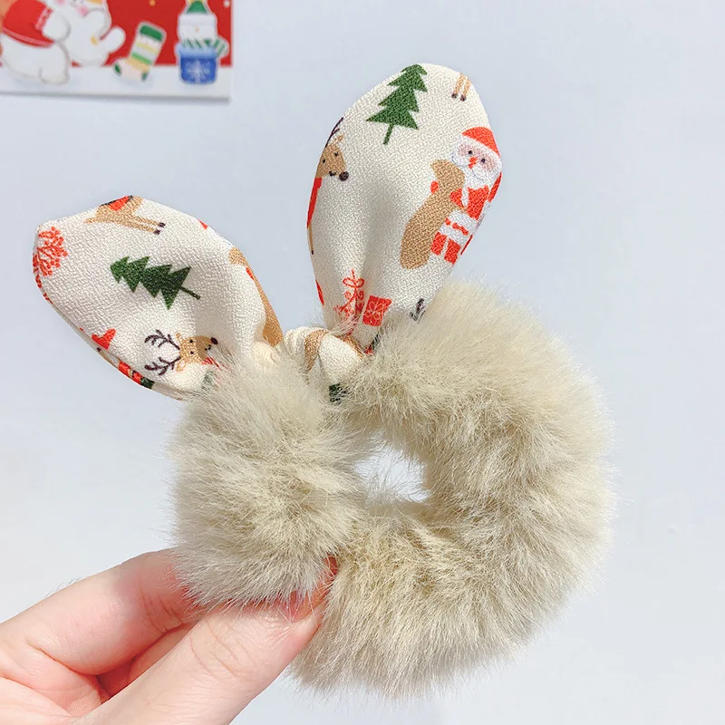 Christmas Print Cute Rabbit Ear Fluffy Faux Fur Scrunchie Girls Hair Bands Rubber Band Women Hair Rope Ties For Hair Accessories