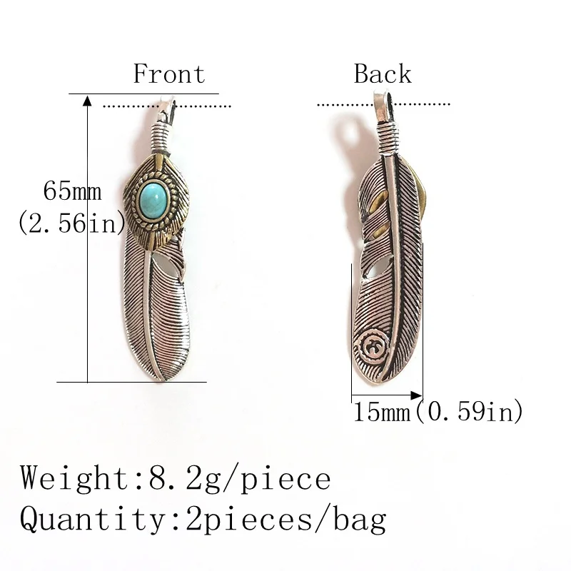 New Fashion 2pcs/bag 65*15MM Big Hole Retro Zinc Alloy Feather Charms Pendant for DIY Jewelry Accessories Gifts