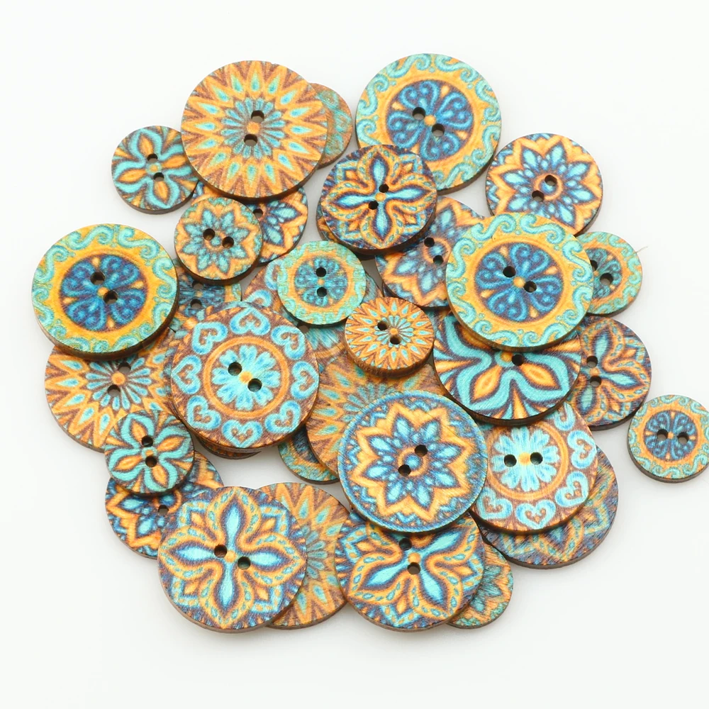 50pcs Blue Vintage Wooden Buttons 2 Holes 15/20/25mm Mixed Buttons for Clothes DIY Sewing Buttons Decorative Clothing Crafts