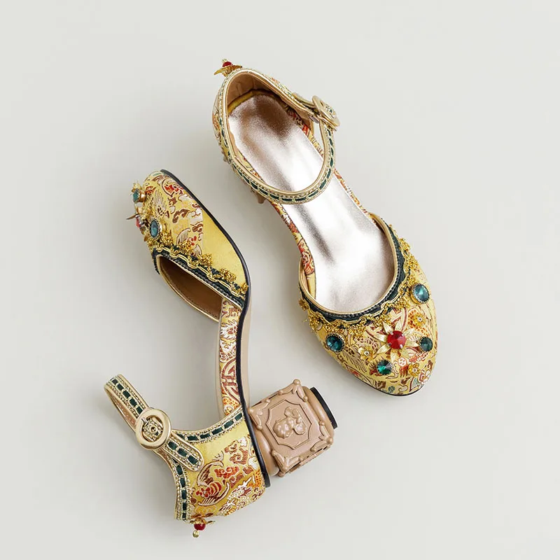 Phoentin royal yellow mary janes shoes woman 2023 New arrive wedding satin mid heels crystal ankle style pumps ladies red FT836