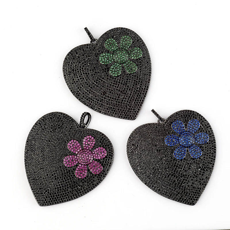 

Black Heart pendant with Flower,Valentine's day gift for her,black Cubic Zirconia Micro Pave pendant,mixed colour CZ