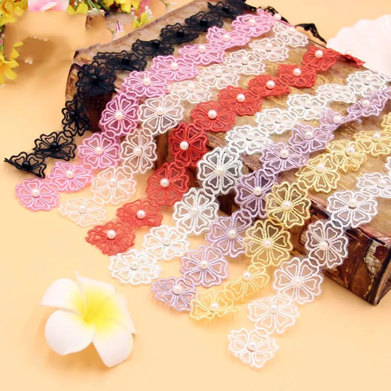 

40Yards Pearl Flowers Embroidered Lace Trim 3cm Width Floral Patches Applique Fabric DIY Sewing Supplies Craft