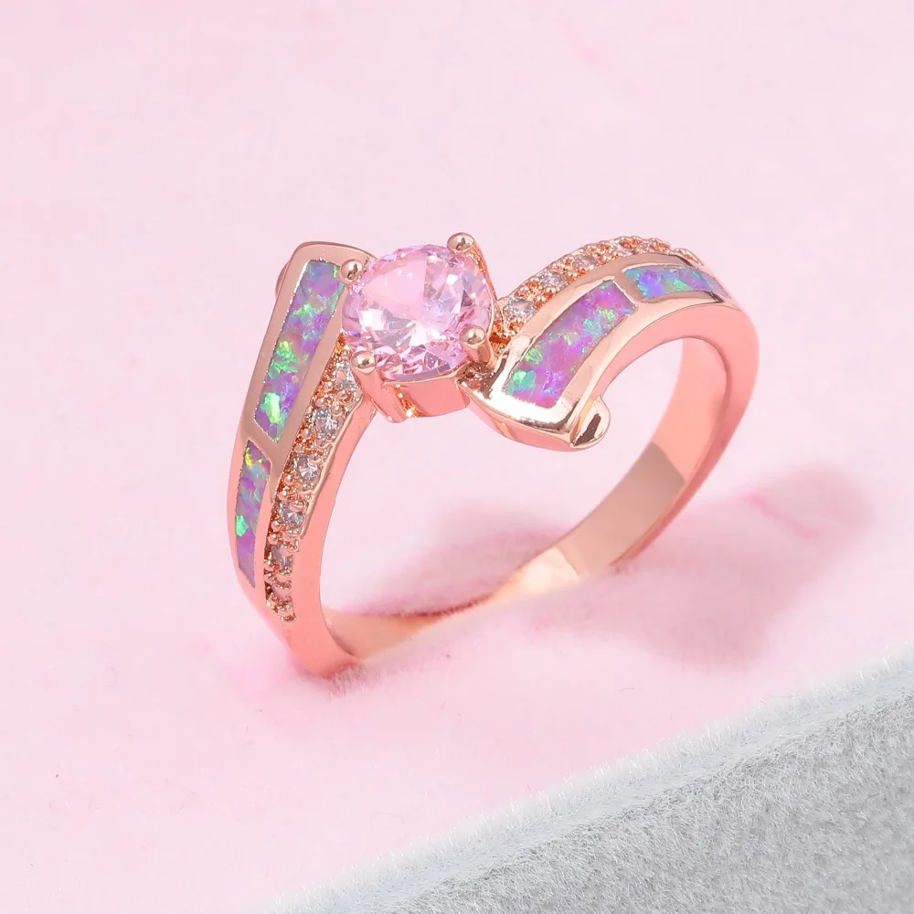 CiNily Timeless Violet Purple Fire Opal Rings Rose Gold Color Pink Cubic Zirconia Crystal Round Stone Classic Jewelry Women Girl