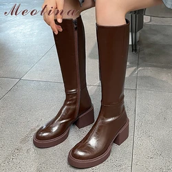 Meotina Genuine Leather Knee High Boots Women Shoes Platform Thick Heel Boots High Heel Round Toe Zipper Lady Boots Autumn 34-40