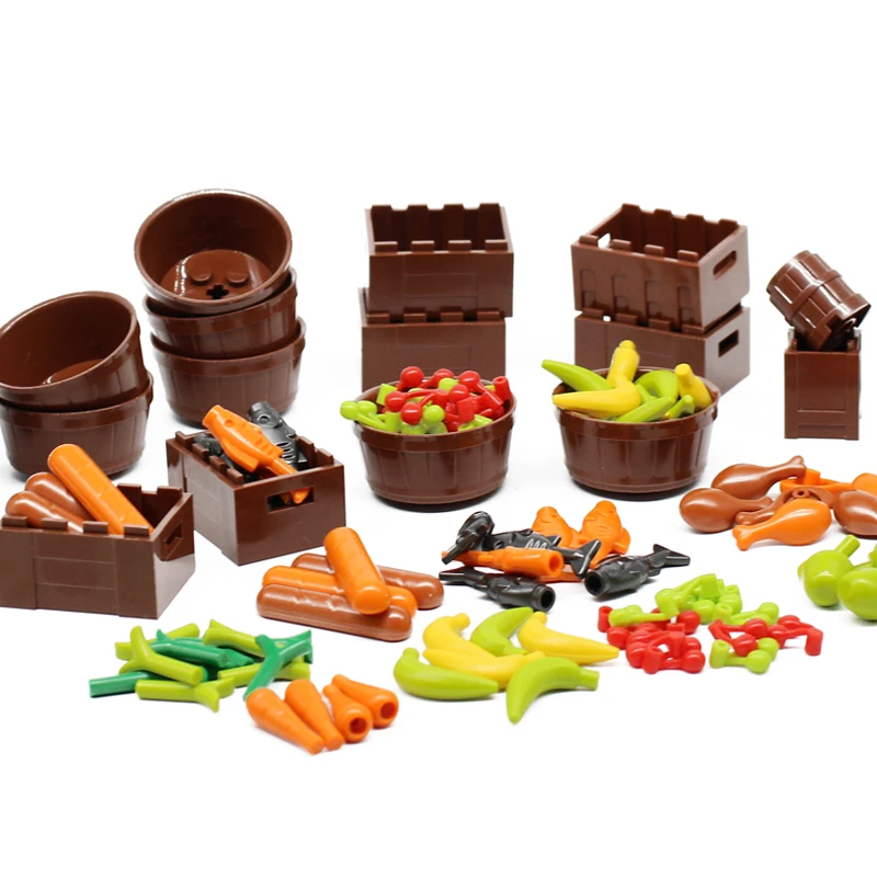 MOC Building Blocks Accessories Bulk  Bricks Parts Food Fruit Apple Banana Frish Dish Bread Drumstick Hot Dog for Construction