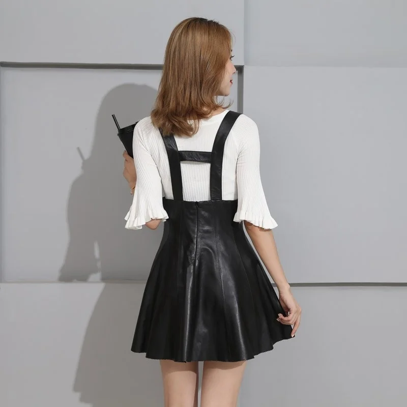 

Women Fashion High Waist Straps Skirt Vintage Slim Fit Sheepskin Genuine Leather Mini Short Skirts Ladies Casual Suspender Skirt