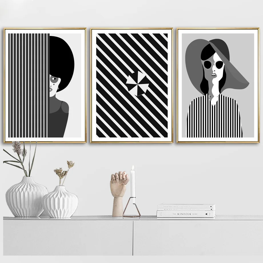Black White Abstract Girl Geometry Line Nordic Posters And Prints Wall Art Canvas Painting Wall Pictures For Living Room Decor