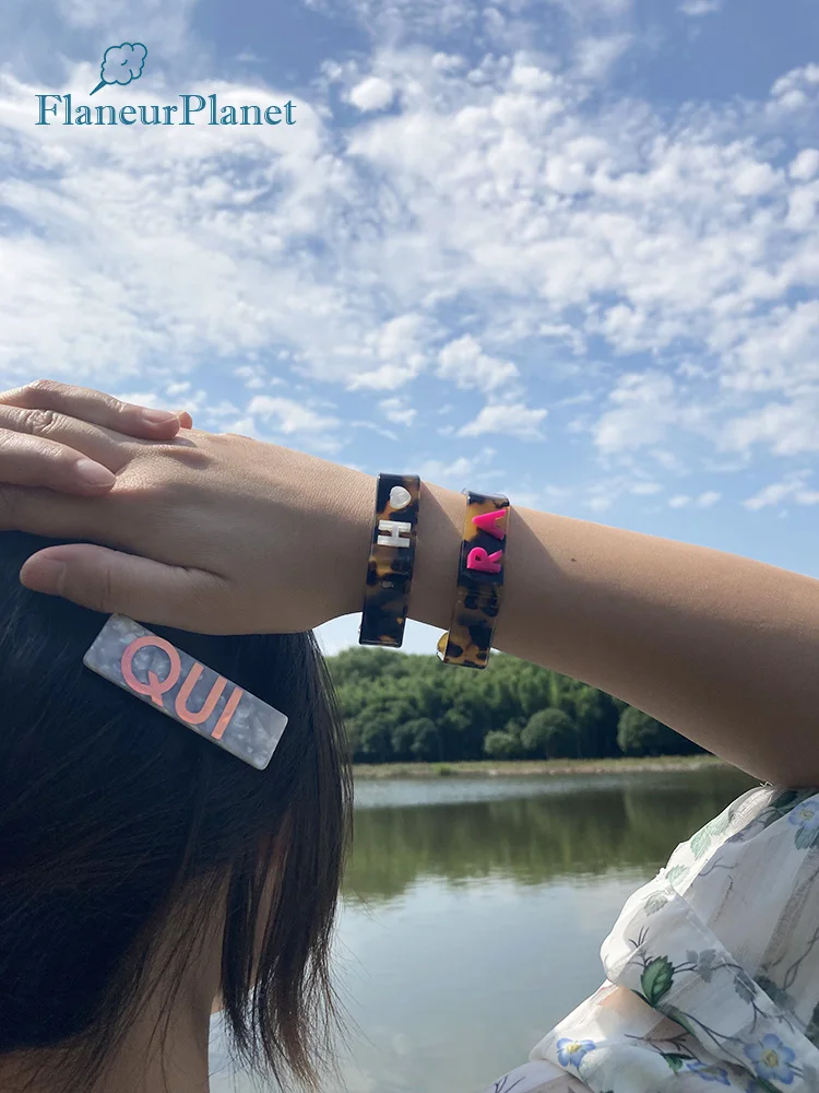 Flaneur Planet Dainty Personalized Initials Tortoiseshell Celloid Acetate Bent Bangle Cuff Open Hexagon Bangle Bracelet