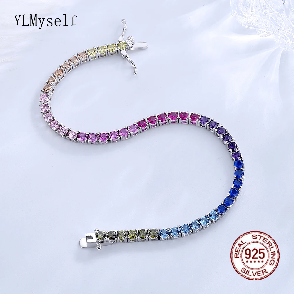 Czyste srebro 14-21 cm Bransoletka tenisowa Pave 3 mm Bling Rainbow Zircon Piękna prawdziwa biżuteria 925 dla kobiet