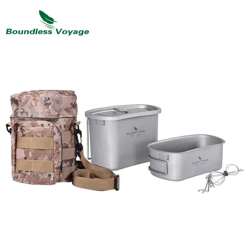 Boundless Voyage Titanium Pot with Camouflage Bag Kidney-Shaped Camping Cooking Pot Pan Set with Lid & Hanging Chain Ti2048C