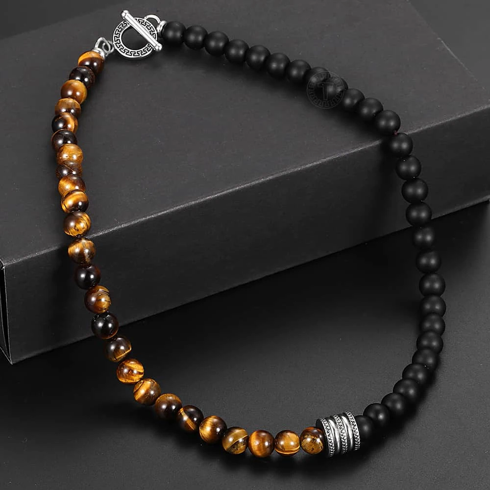 Fashion 2019 New Natural Tiger Eyes Map Stone Necklace For Men Women Stainless Steel Black Glass Bead Yoga Necklace TNB001