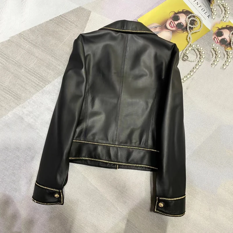 Spring And Autumn 2024 New Arrival Short Length Women Coat Real Sheepskin Jacket Turn-Down Collar Striped Decoration