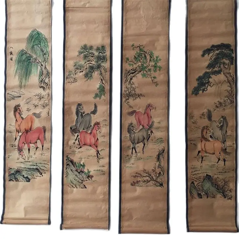 

China Celebrity Old Scrolls Four Screen Decorate Eight Horses Painting