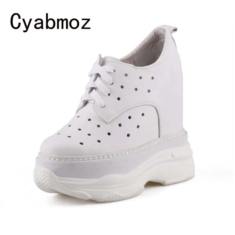 

Women Genuine Leather Breathable Hollow Sneakers Invisible Height Increasing 14CM Casual Shoes Ladies Dad Shoes Fashion