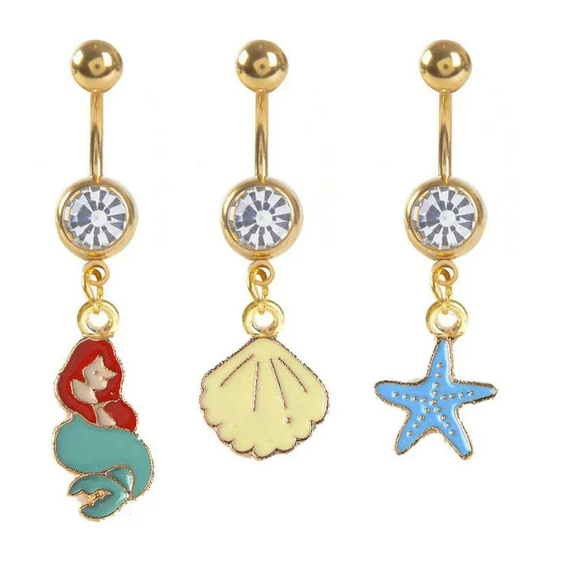 

12pcs/lot Mermaid Shaped Belly Ring Cute Shell Seastar Navel Button Ring Body Piercing Jewelry