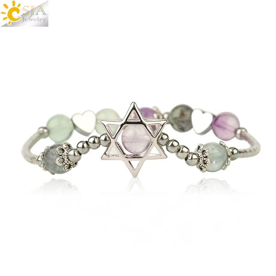 CSJA 6mm Natural Stone Hexagram Bracelet Round Bead Crystal Quartz Star of David Heart Charms Elastic Bangle for Women Girl G164