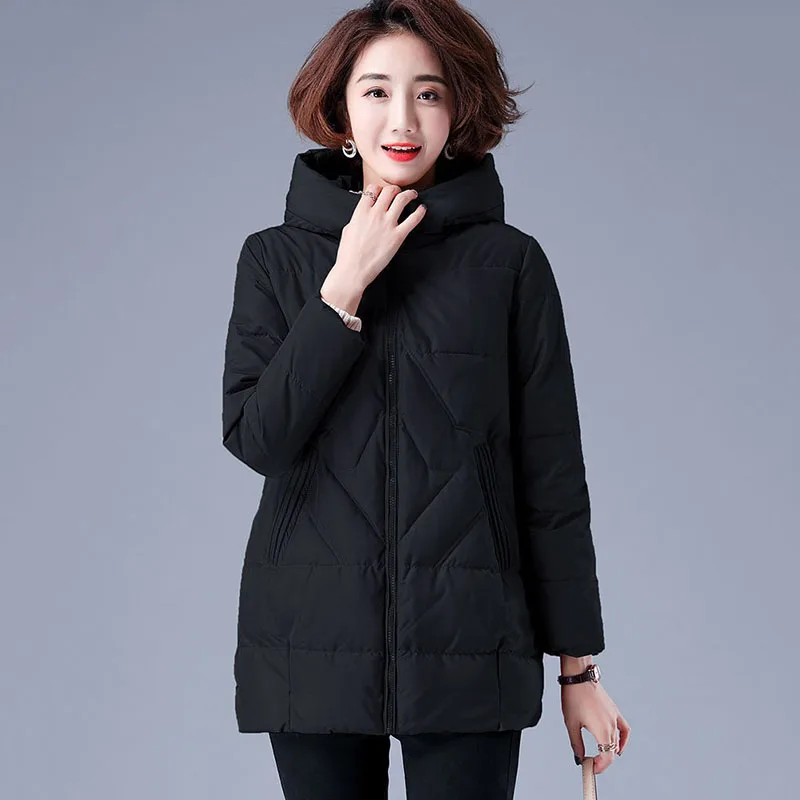 Thicken Women's Cotton Clothes Mid-length Autumn Winter 2025 New Splicing Zipper Hooded Loose Keep warm  Ladies Cotton Jacket