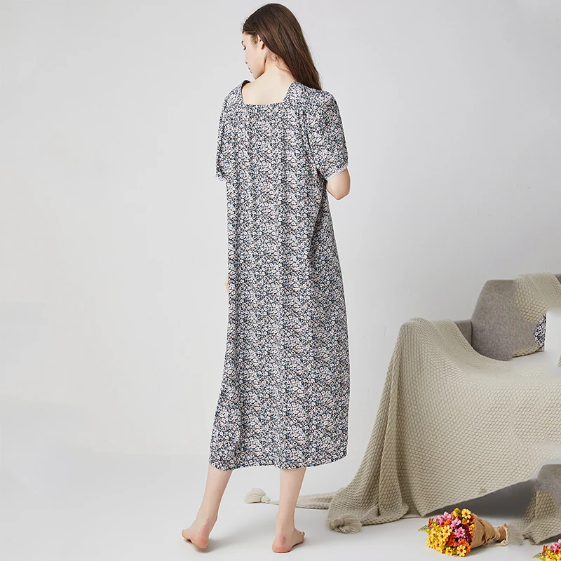 New Summer Womens Nightdress Cotton Lace Short Sleeve Floral Printed Sleepdress Casual Home Clothing for Women Spring Nightgown