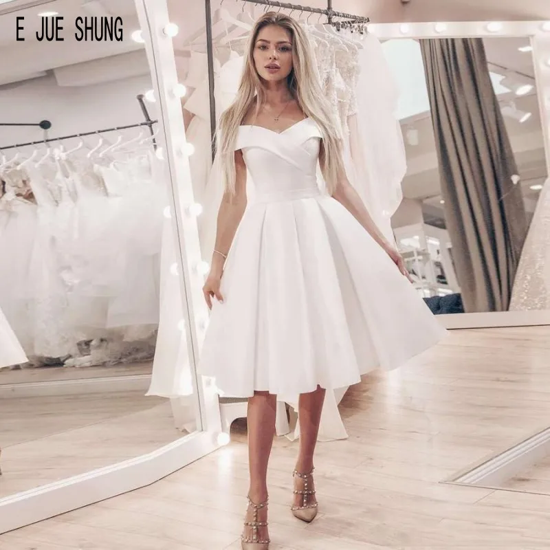 E JUE SHUNG – robe de mariée en Satin, épaules dénudées, lacets au dos, longueur aux genoux, blanche