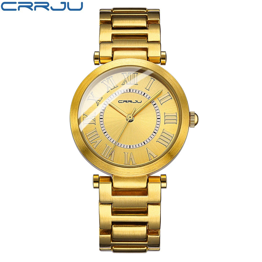 CRRJU Brand Top Luxury Ladies Gold Watch Women Golden Clock Female Women Dress Rhinestone Quartz Waterproof Watches Feminine