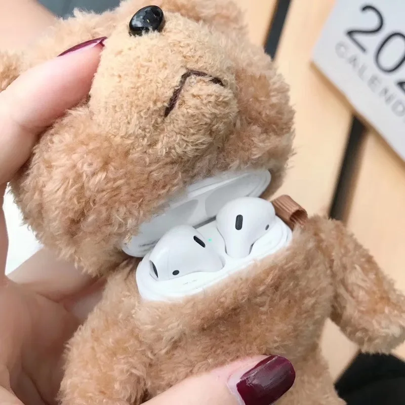 Winter Cute Plush Bear for Apple Airpods Case1 2 pro Teddy Bear Bags for Cartoon Headphones Case Box Brown Charms