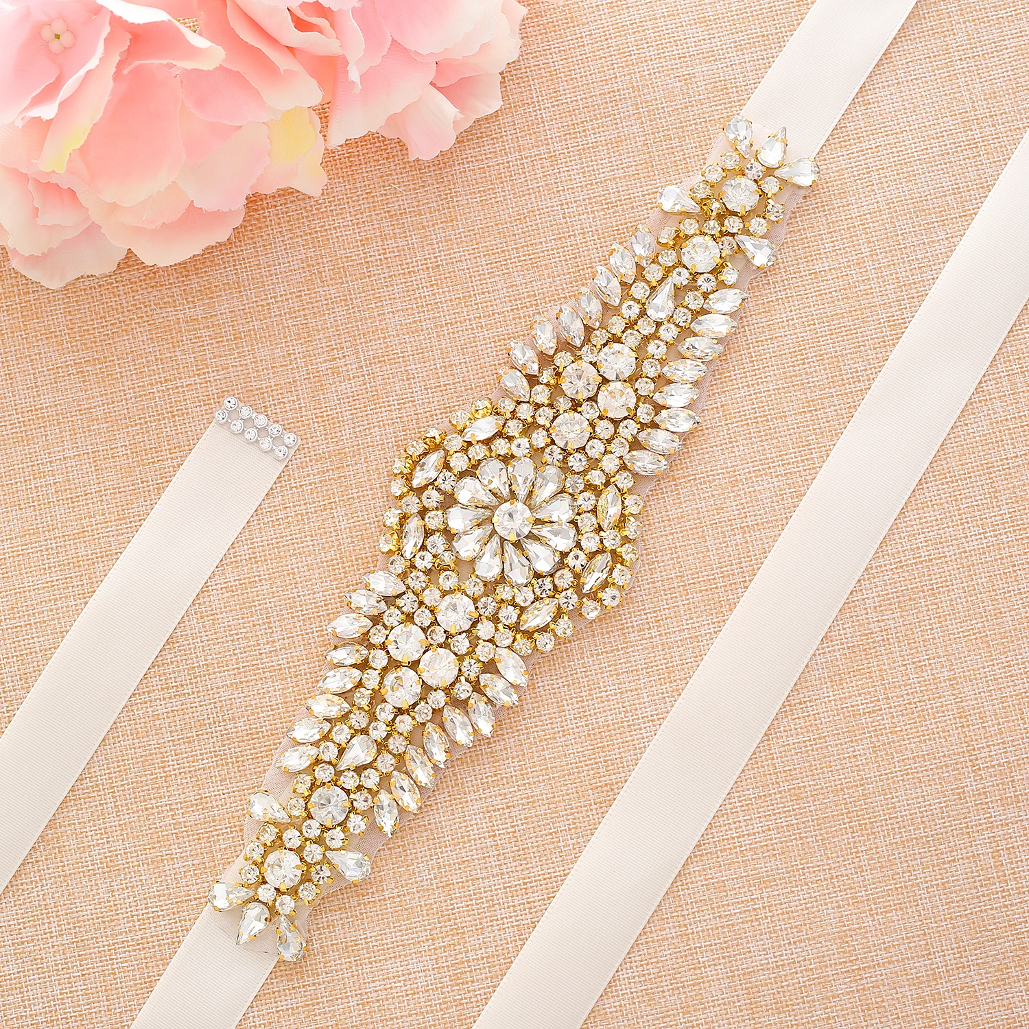 SESTHFAR  Rhinestones Wedding Dress Belt Gold Crystal Bridal Belt  Diamond Bridal Sash For Wedding Decoration J137G