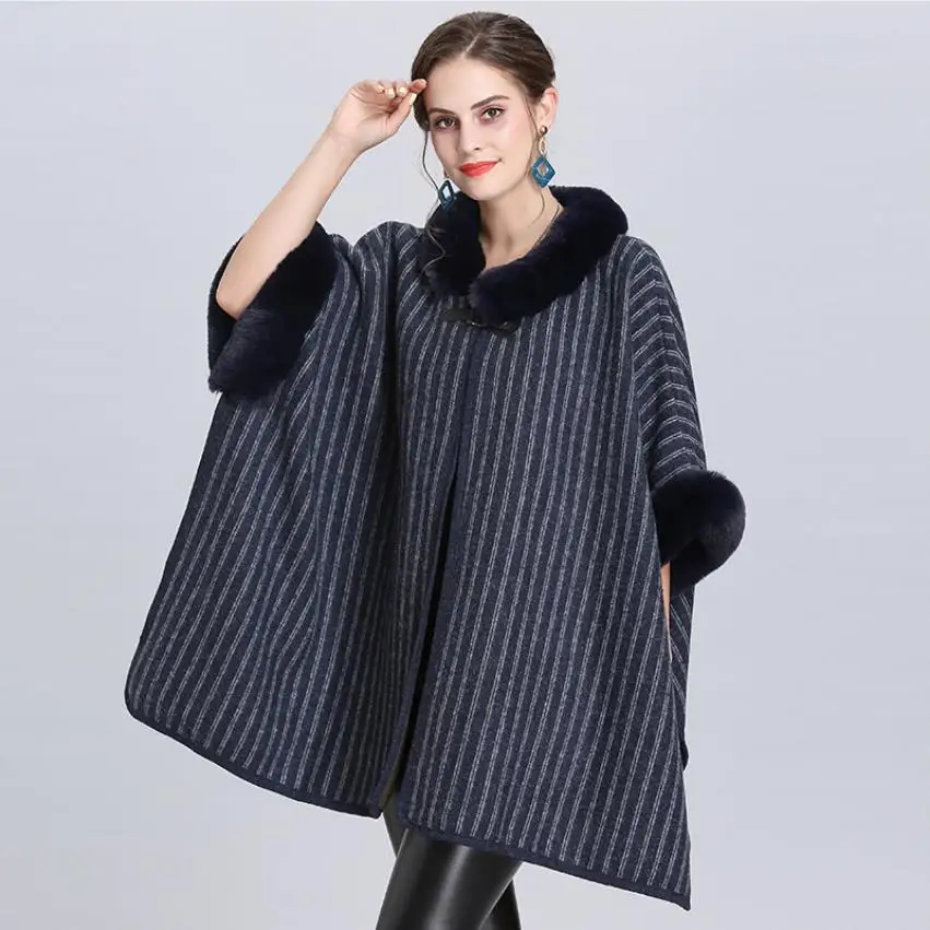 Winter Europenew oversize loose imitation fox fur collar knit coat female bat sleeve cardigan shawl cloak warm jackets F209