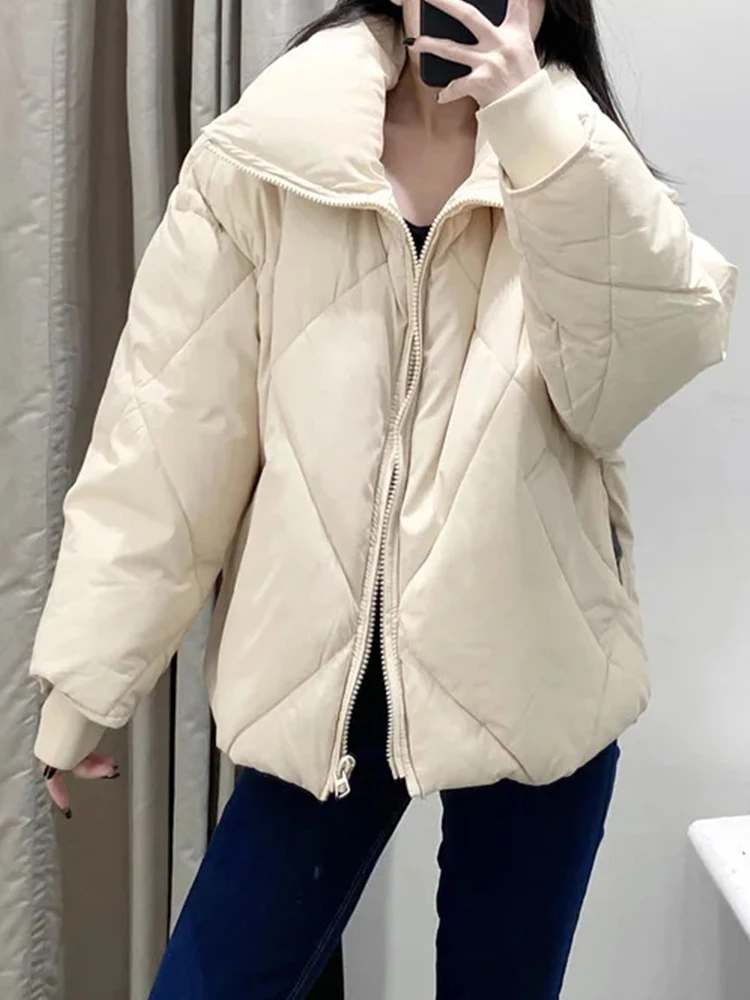 

PUWD Casual Women Glossy Quilted Check Cotton Jacket2021Autumn Winter Streetwear Zipper Warm Oversize Parka Loose Female Outwear