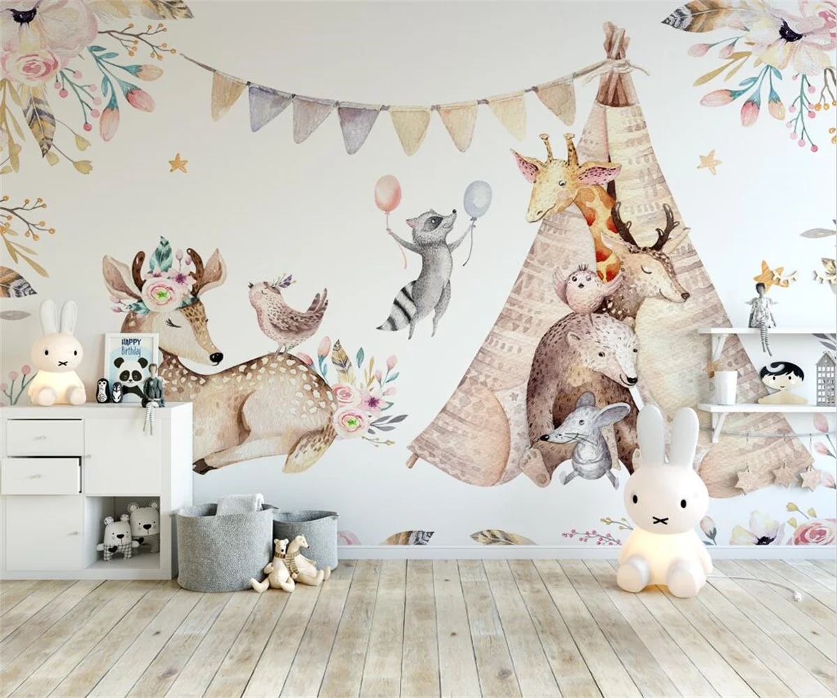 

Custom 3d wallpaper hand-painted animal children's room background mural home decoration embossed self-adhesive material murals