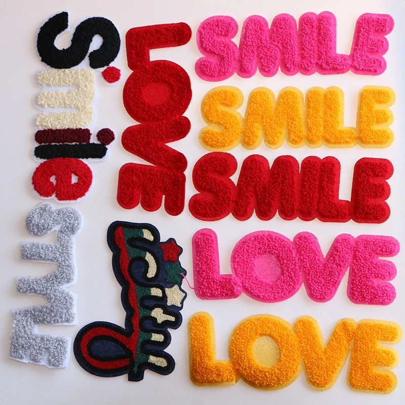 

1 Pcs Love Smile Letter Towel embroidery icon Iron on Patches for Clothing DIY Stripes Clothes Patchwork Stickers Custom Badges