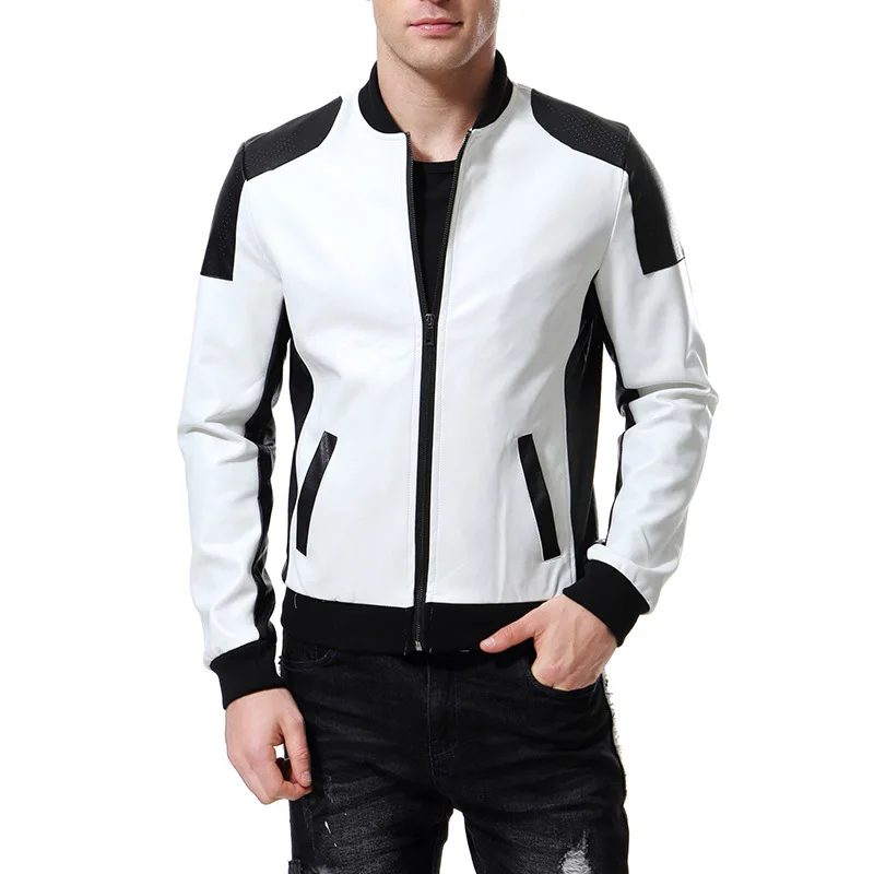 2024 Autumn New Casual Men's Leather Clothing with Stand Collar Youth Black and White Color PU Leather Jacket