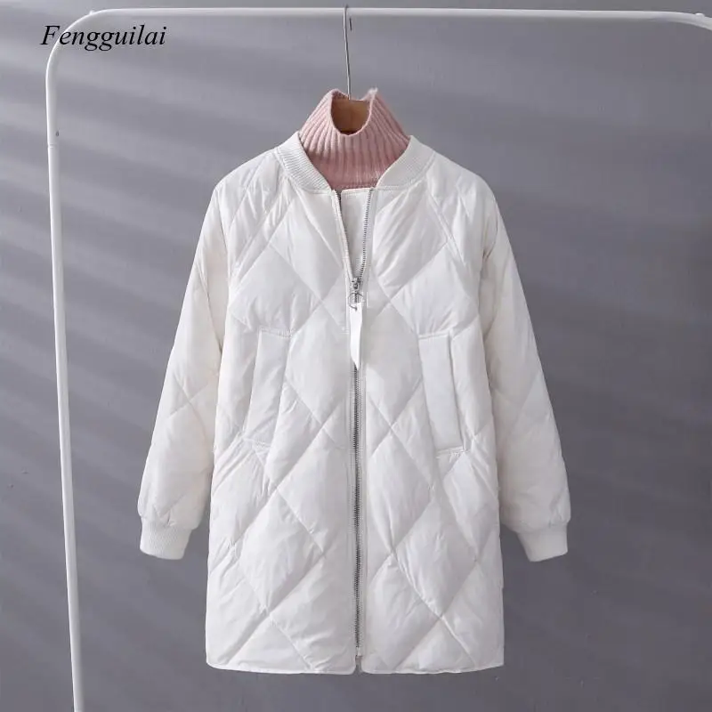 Winter Women White Parka Ultra Light Loose Zipper Baseball Uniform Jacket Female Casual Long Outwear