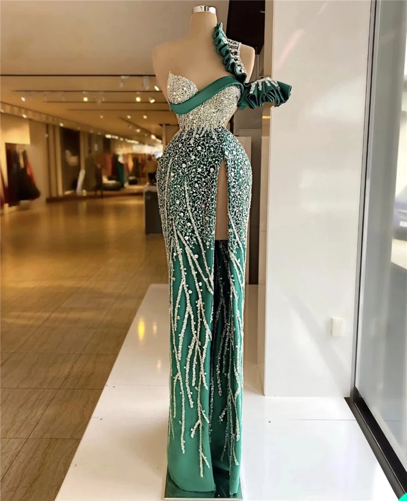 Hunter Green Mermaid Evening Dress One Shoulder Sequins Ruffles Party Dresses Custom Made Glitter Split Floor Length Prom Gowns