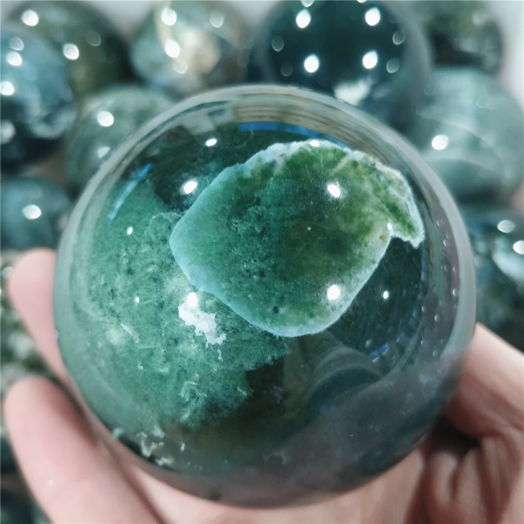 5-8CM Natural Moss Agate Mineral Crystal Balls Reiki Phantom Quartz Adornment Decorative Stones Sphere Collecting Garden Gems