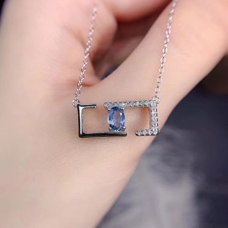 Fine Jewelry 925 Sterling Silver Inset With Natural Gemstone Women's Classic Trendy Fresh Sapphire Pendant Necklace Support Dete