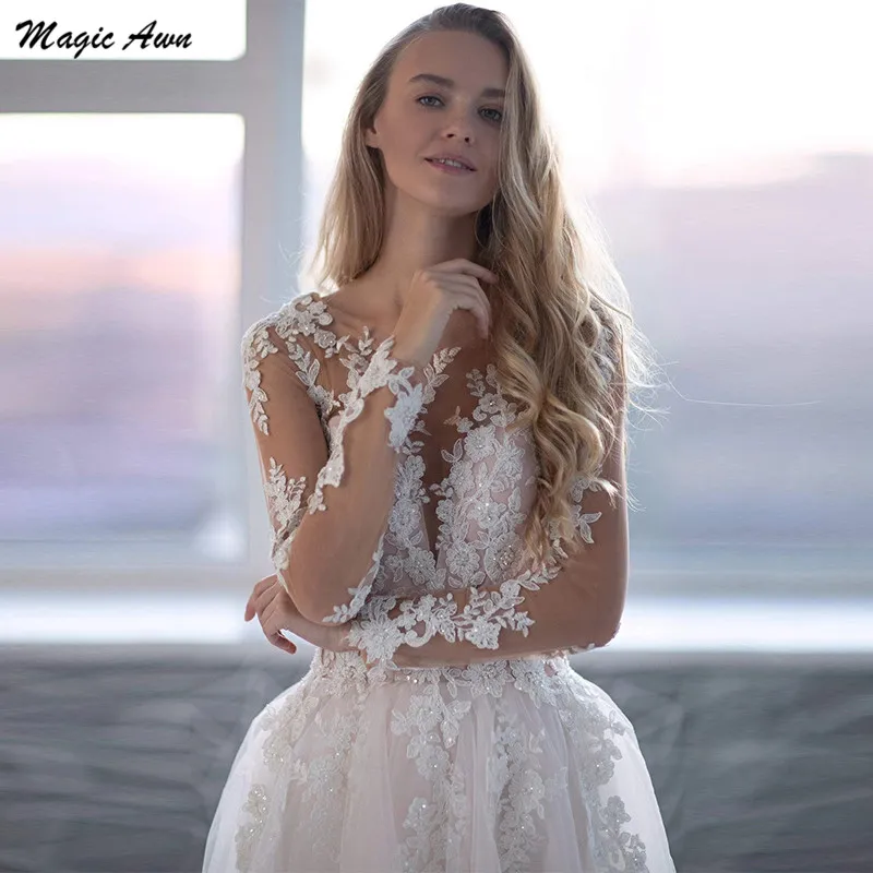 Magic Awn-vestidos De novia De manga larga, ropa De novia con apliques De encaje, rosa claro, corte en A, estilo bohemio, ilusión, bolsillos