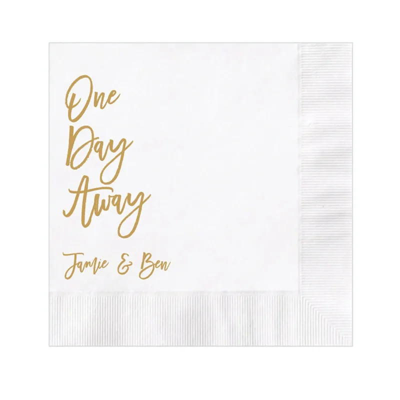 

Custom Printed One Day Away Beverage Cocktail Luncheon Dinner Guest Towel Napkins Imprinted Foil Stamped Logo First Communion