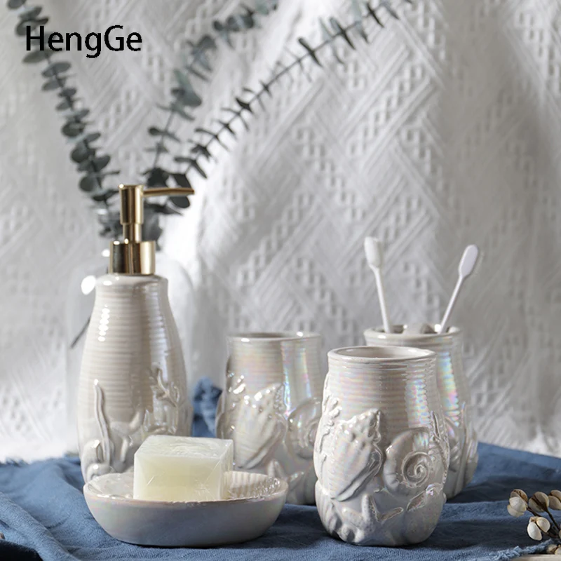 

Fashion Ceramics Shower Accessories Bathroom Five Piece Set Relief Craft Toothbrushing Cup Soap Box Home Restroom Wash Suit