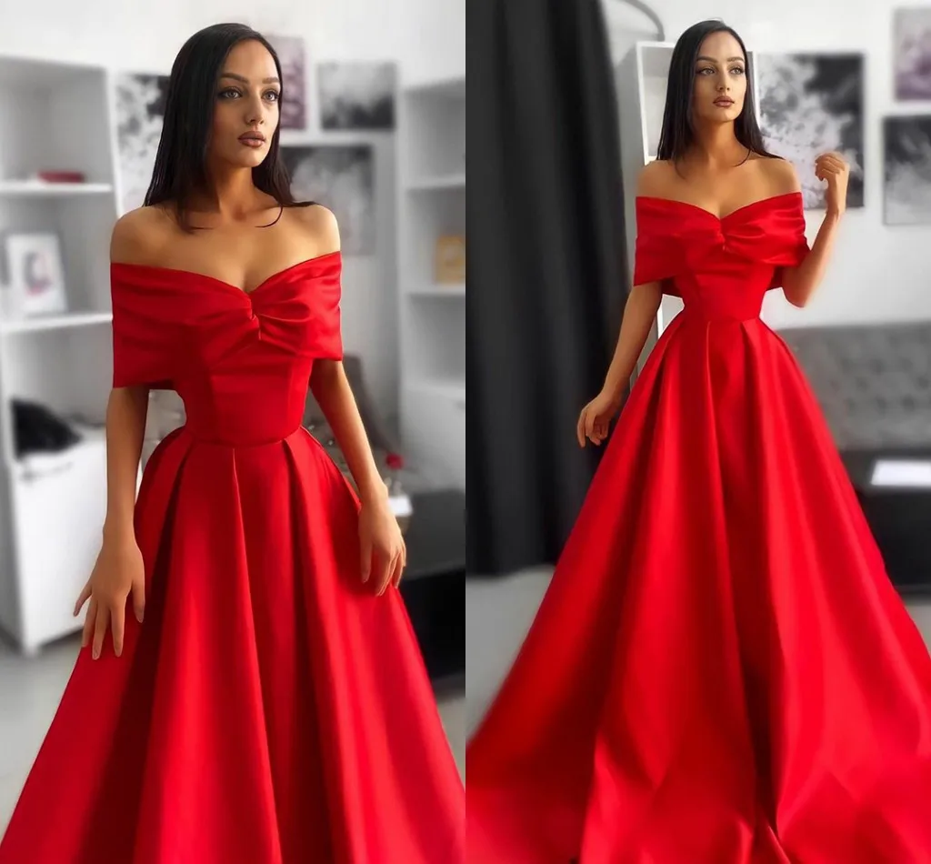 Czerwona linia satynowa formalna suknia wieczorowa elegancka Off The Shoulder Prom suknia wieczorowa dubaj muzułmańska szata De Soiree Vestidos