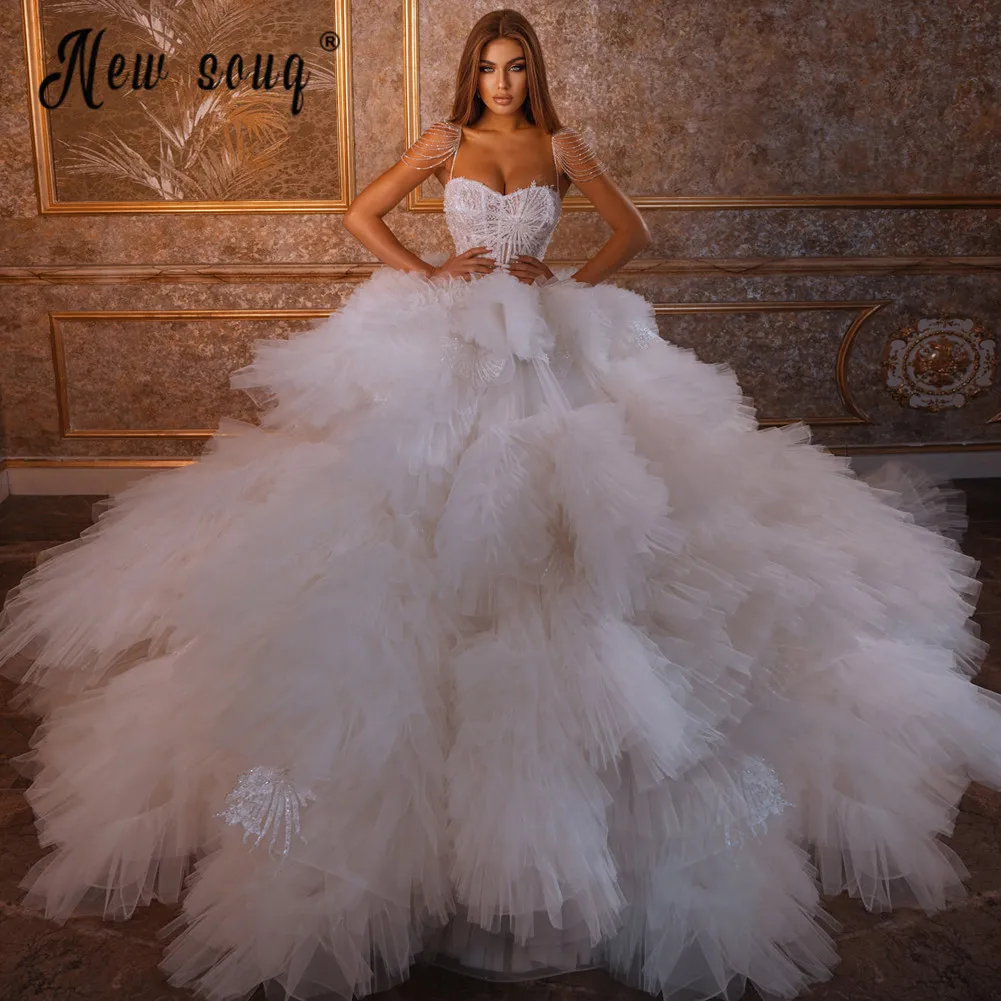 Gorgeous Ruffles Wedding Dress African Sparkly Crystals Tassels Cap Sleeve Wedding Dresses For Brides Ball Gown Prom Dresses