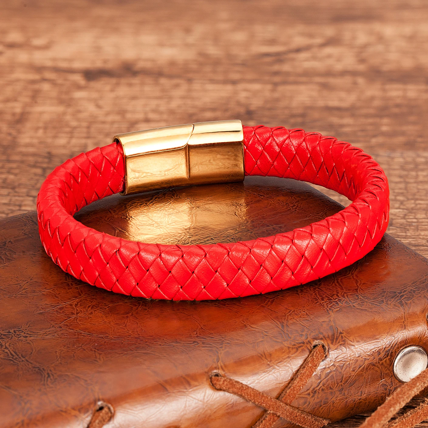Modischer Herrenschmuck, braunes geflochtenes Lederarmband, Charm-Armband mit magnetischem Verschluss aus Edelstahl, Punk-Armband für Männer, Geschenk. – Detail 13