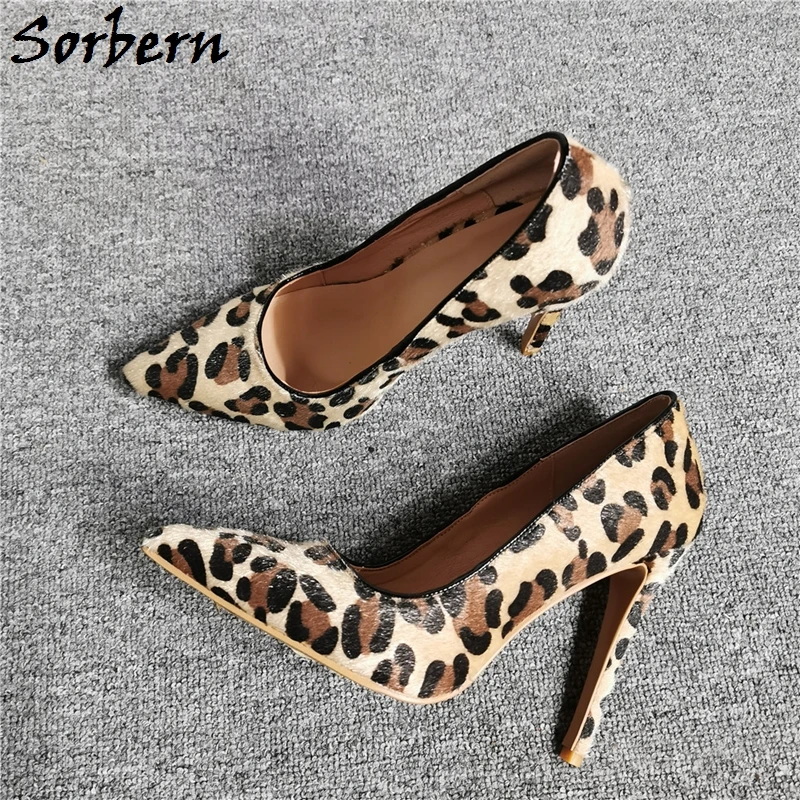 Sorbern Leopard Horsehair Women Pumps Cute High Heel Pointe Shoes Stilettos Ol Shoes Pump Slip On Popular Trendy Heels Plus Size