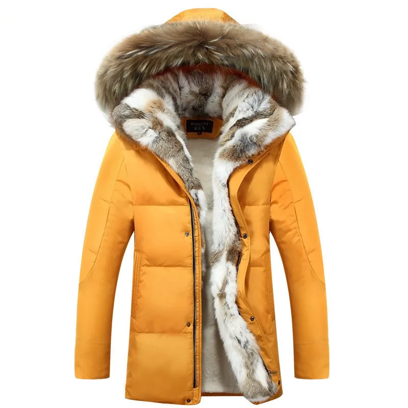 

Pop Men's and women's leisure down jacket high quality thick warm warm with Fur hooded parka brand yellow black white S-5XL