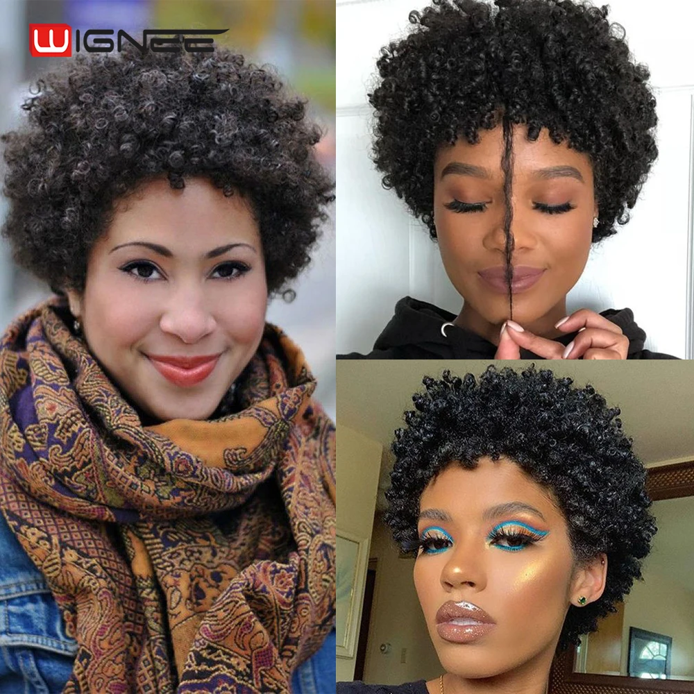 Wignee Short Spiral Curl Human Hair Wigs For Black Women Mixed Brown/2#/99J Remy Brazilian Hair Afro Kinky Curly Natural Wigs