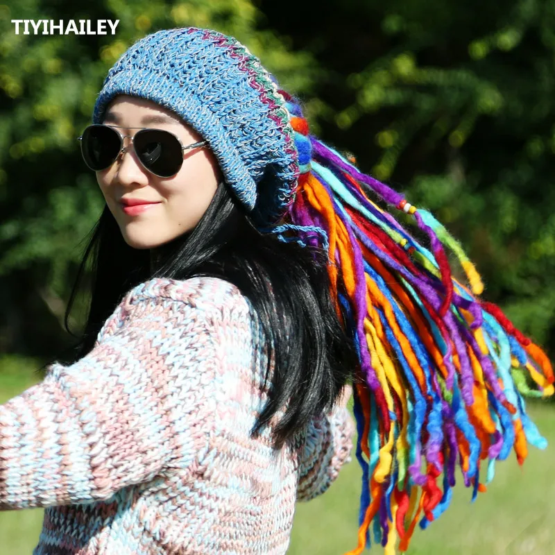 TIYIHAILEY Free Shipping 2022 New Fashion Hand Made Wool Winter Warm Hats Women Colorful Skullies With Braid High Quality