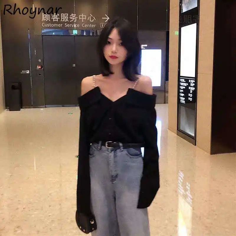 

Shirts Women Black Fashion All-match Chain Summer Thin Slash Neck Sexy Harajuku Loose Clothed Design Strapless Camisas Mujer