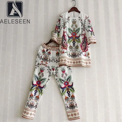 AELESEEN Runway Fashion Casual 2 Pieces Sets Summer Loose Beading Diamonds T-Shirt+ Full-Lenght Pencil Pants Flower Print Set